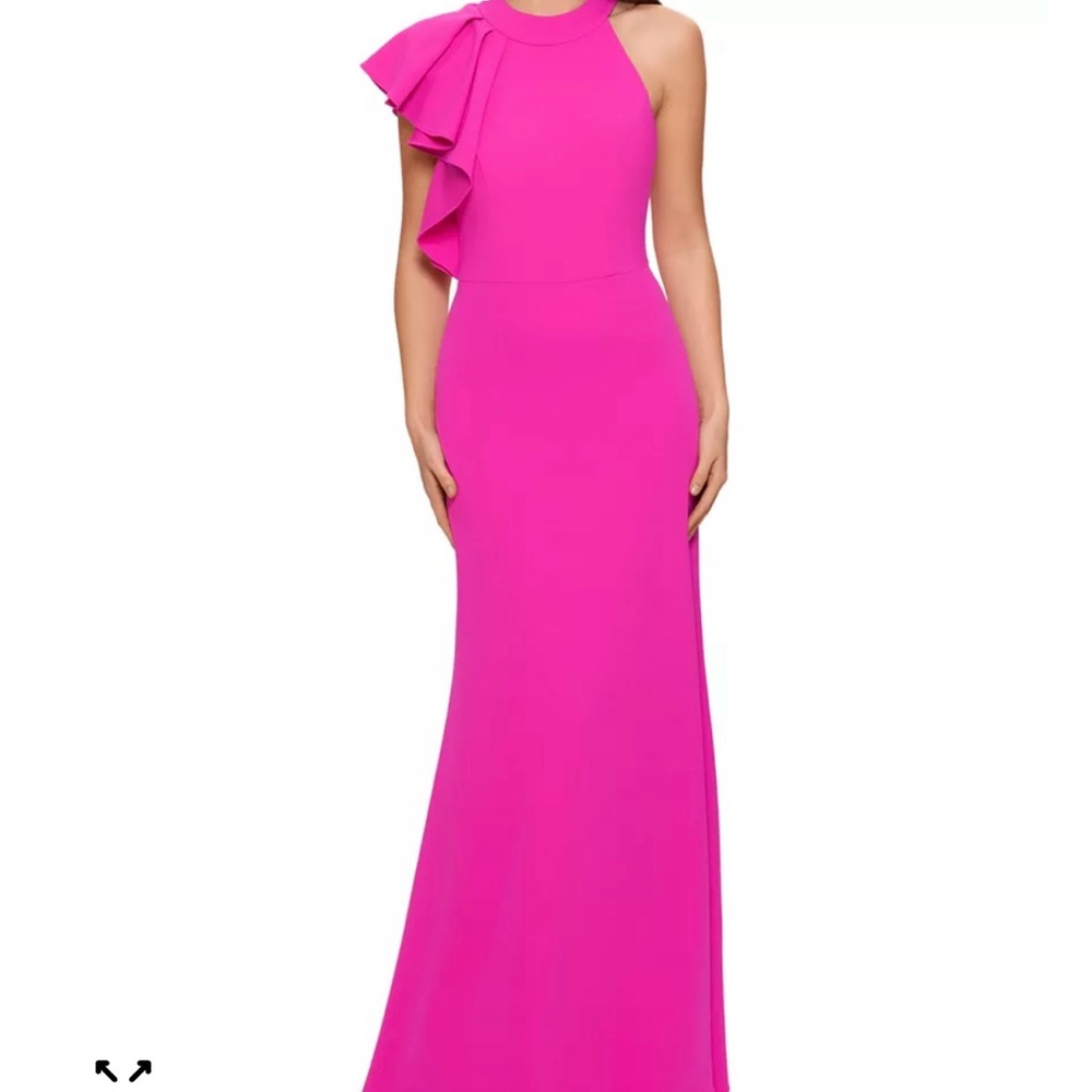 Betsy & Adam One Shoulder Halter Gown